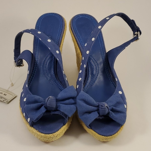 Zara Trafaluc white polka dot on blue wedges NWT - Picture 2 of 7